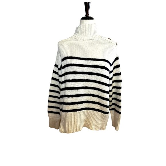 Striped Turtleneck Sweater with Shoulder Button Detail Nautical French Girl S - Picture 3 of 8
